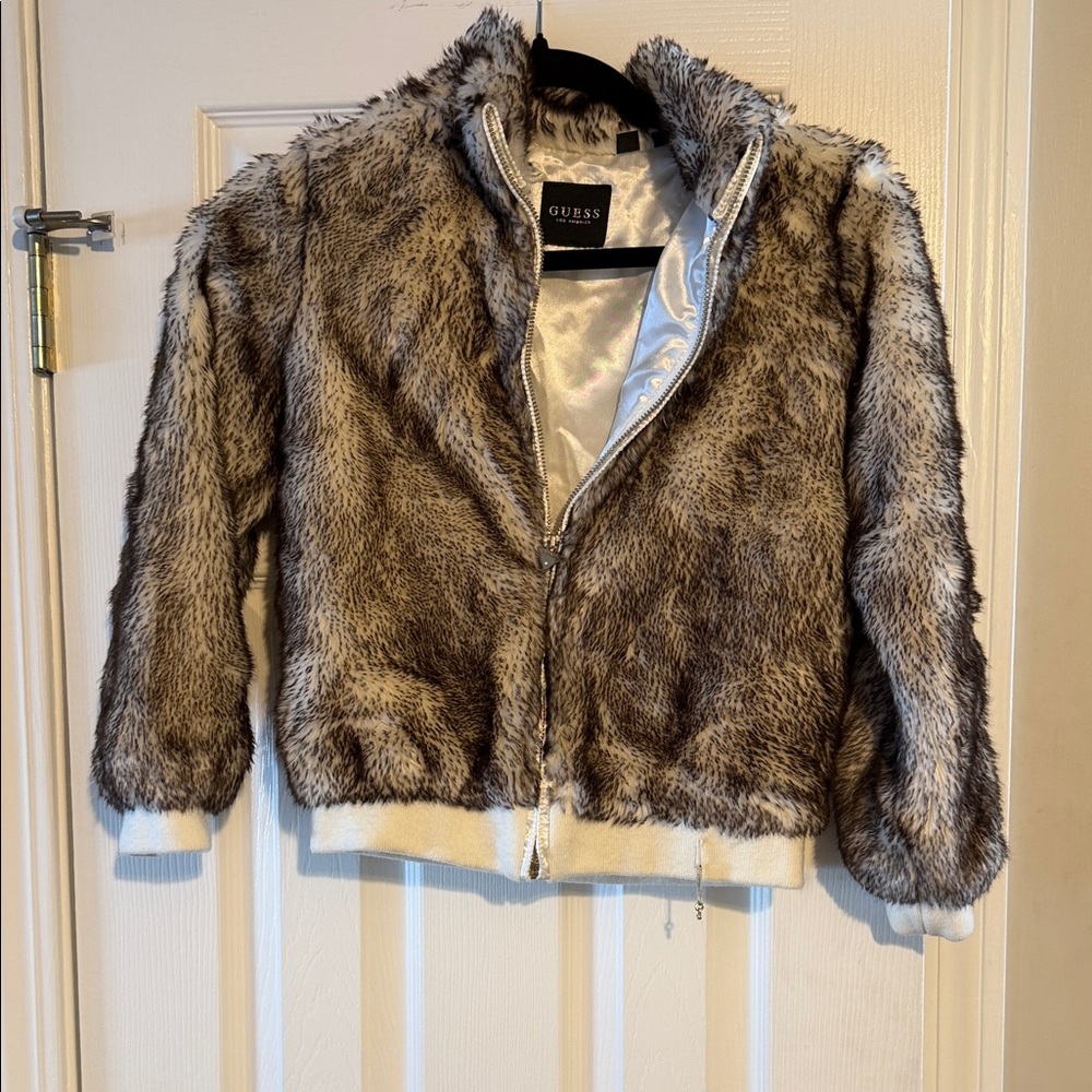 Guess Gray and White Faux Fur Jacket